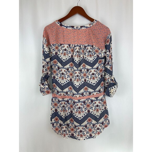 EUC En Elly Anthropologie XS Pink Floral Tunic Drawstring Pockets Roll Tab Flowy - Picture 2 of 9